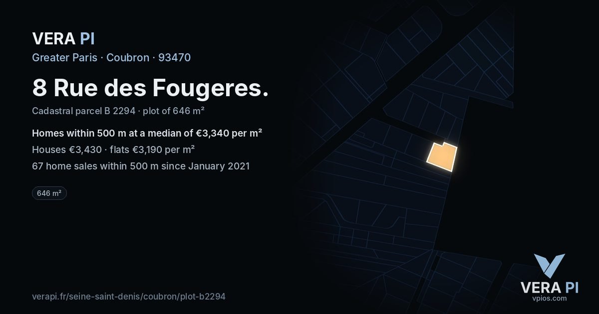 8 Rue des Fougeres, Coubron at night – the plot lit, the parcels around coloured by the prices near them