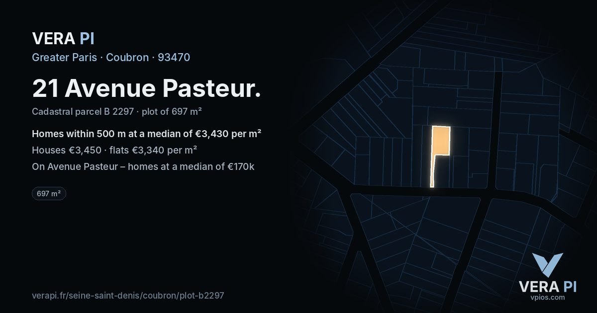 21 Avenue Pasteur, Coubron at night – the plot lit, the parcels around coloured by the prices near them