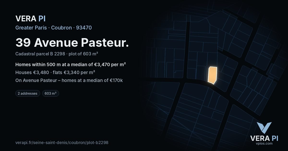 39 Avenue Pasteur, Coubron at night – the plot lit, the parcels around coloured by the prices near them