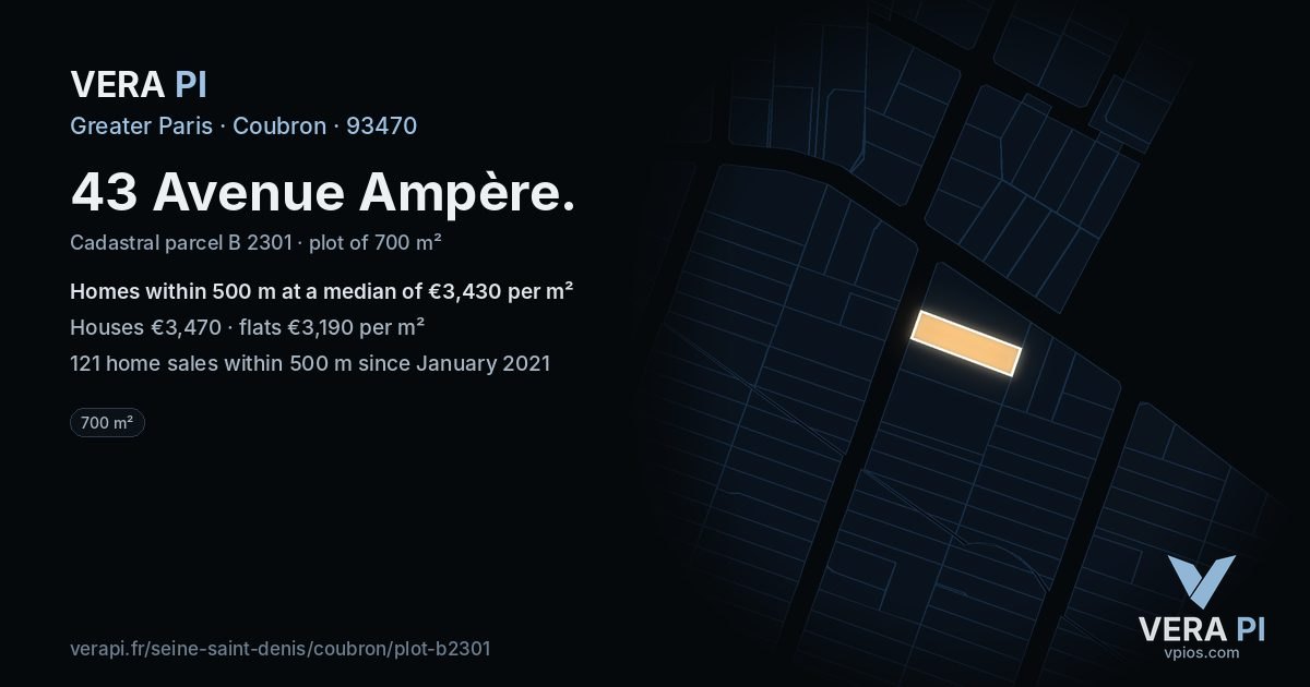43 Avenue Ampère, Coubron at night – the plot lit, the parcels around coloured by the prices near them