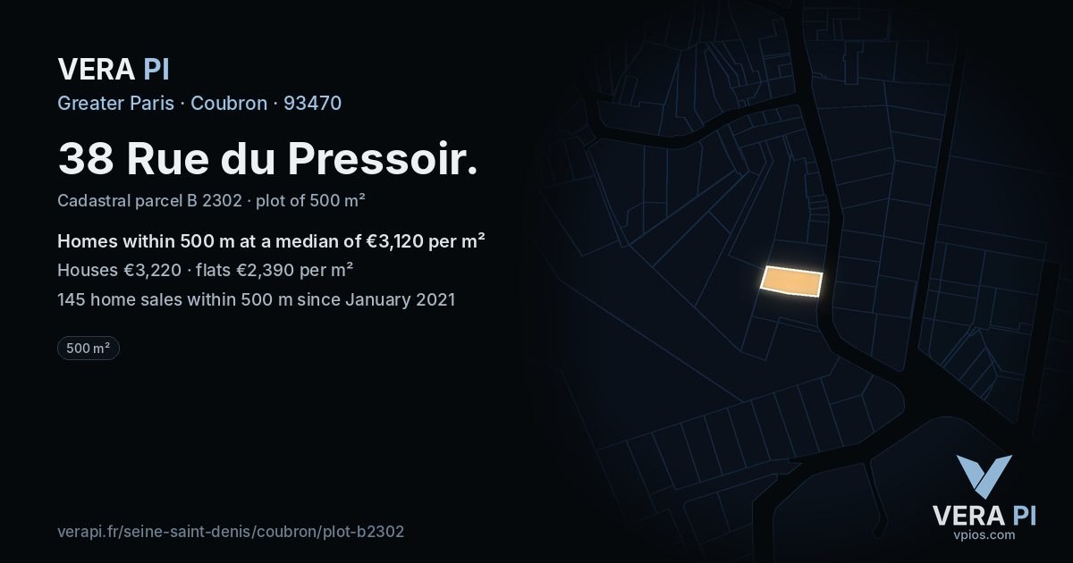 38 Rue du Pressoir, Coubron at night – the plot lit, the parcels around coloured by the prices near them