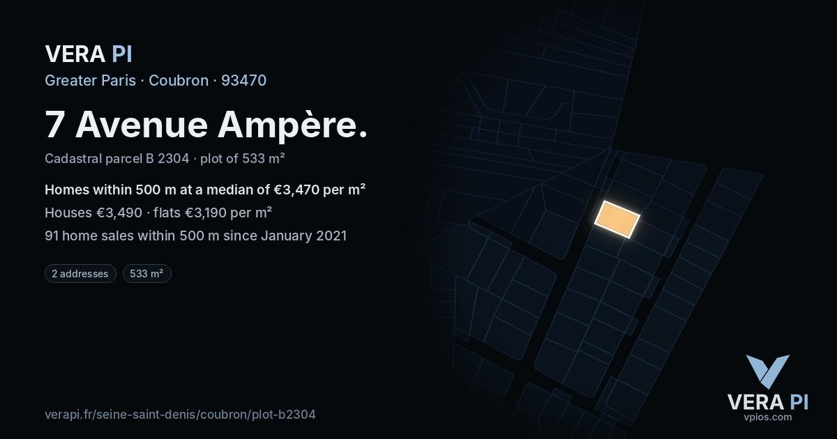 7 Avenue Ampère, Coubron at night – the plot lit, the parcels around coloured by the prices near them