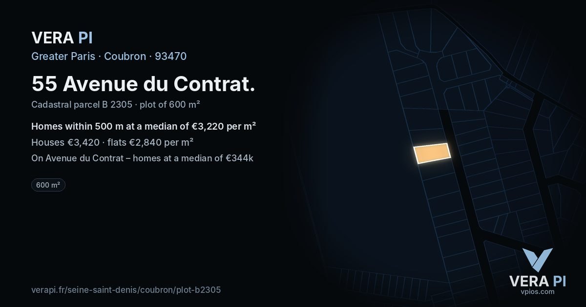55 Avenue du Contrat, Coubron at night – the plot lit, the parcels around coloured by the prices near them