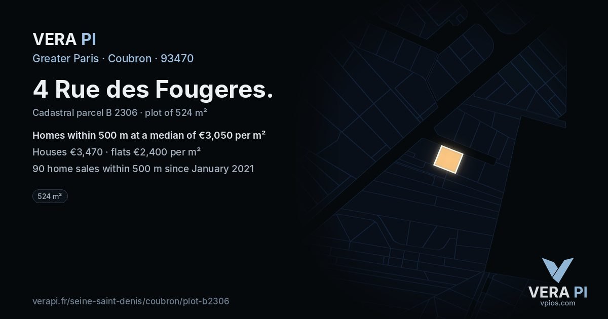 4 Rue des Fougeres, Coubron at night – the plot lit, the parcels around coloured by the prices near them