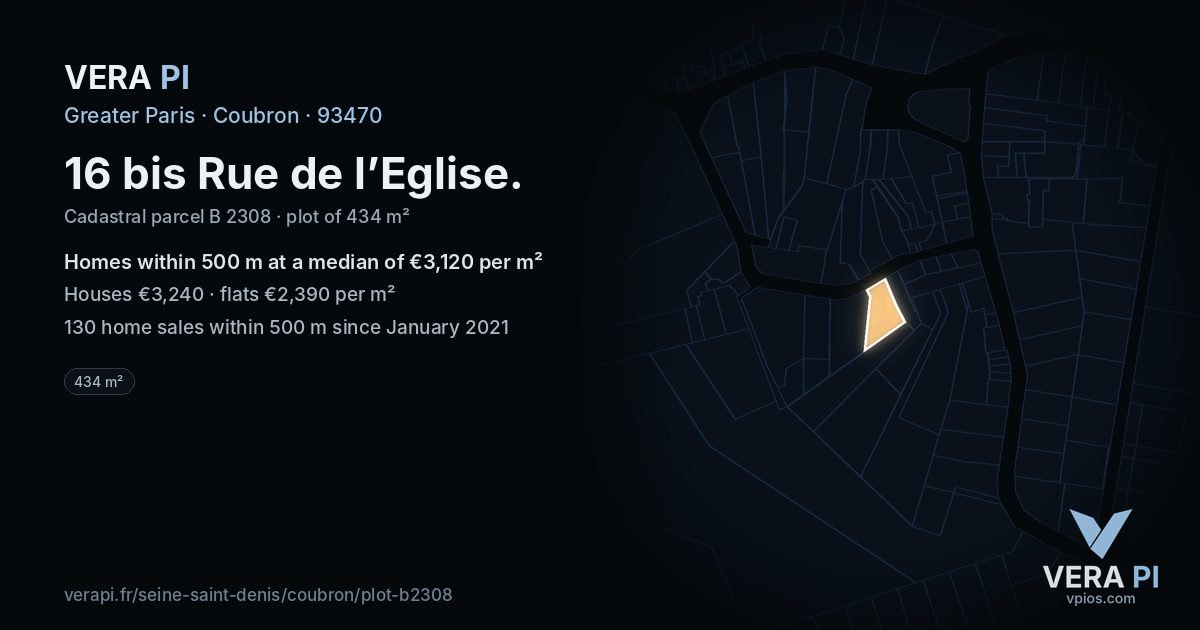 16 bis Rue de l’Eglise, Coubron at night – the plot lit, the parcels around coloured by the prices near them