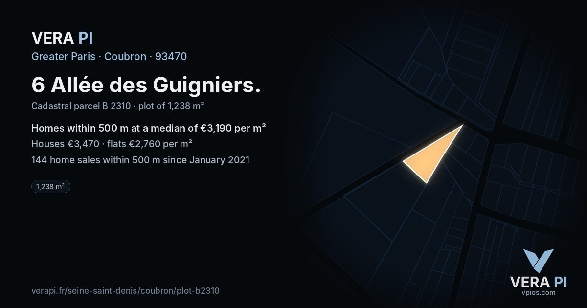 6 Allée des Guigniers, Coubron at night – the plot lit, the parcels around coloured by the prices near them