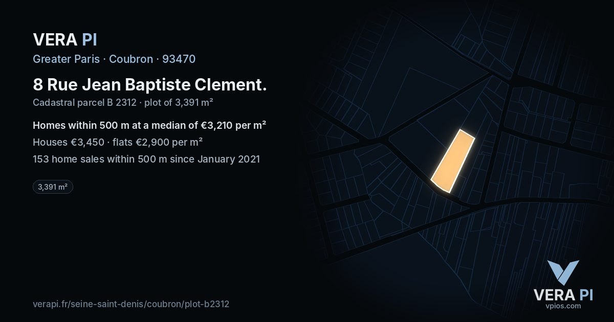 8 Rue Jean Baptiste Clement, Coubron at night – the plot lit, the parcels around coloured by the prices near them