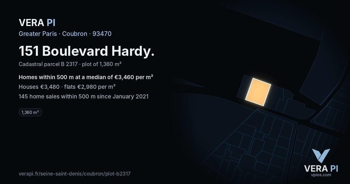 151 Boulevard Hardy, Coubron at night – the plot lit, the parcels around coloured by the prices near them