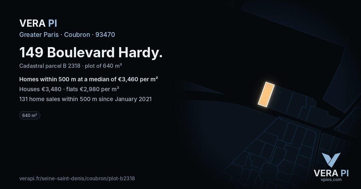 149 Boulevard Hardy, Coubron at night – the plot lit, the parcels around coloured by the prices near them