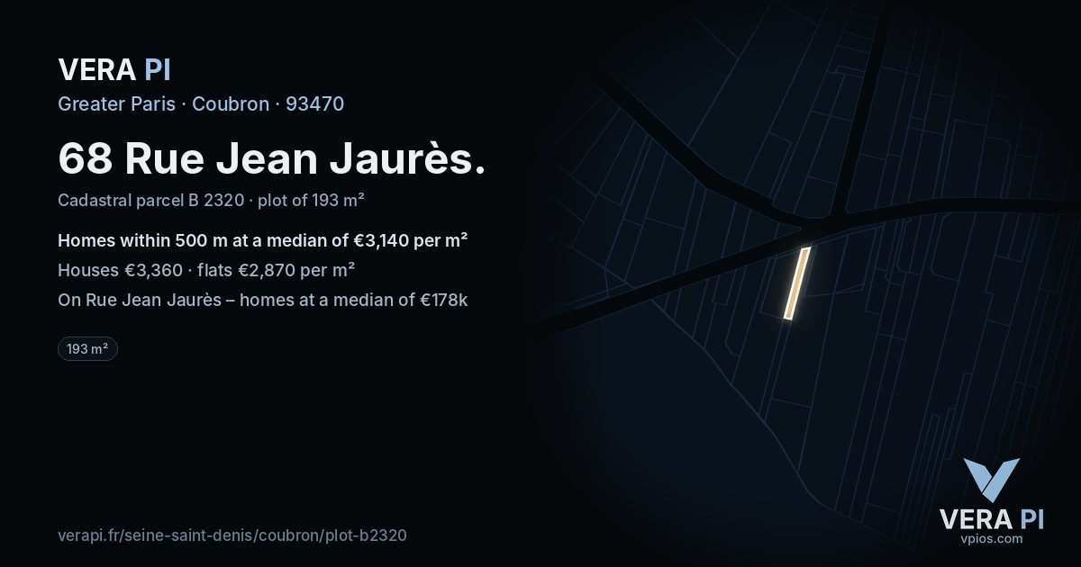 68 Rue Jean Jaurès, Coubron at night – the plot lit, the parcels around coloured by the prices near them