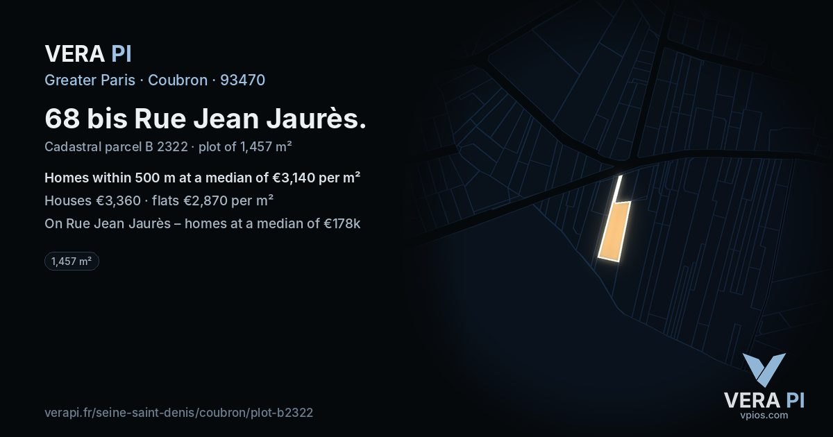 68 bis Rue Jean Jaurès, Coubron at night – the plot lit, the parcels around coloured by the prices near them