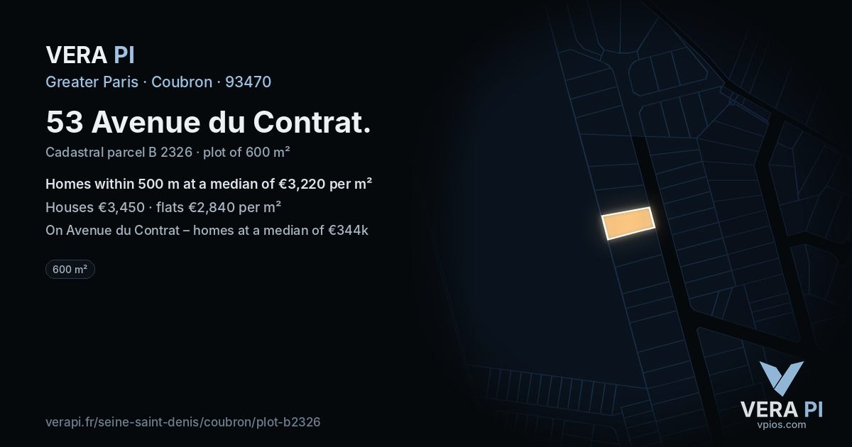 53 Avenue du Contrat, Coubron at night – the plot lit, the parcels around coloured by the prices near them