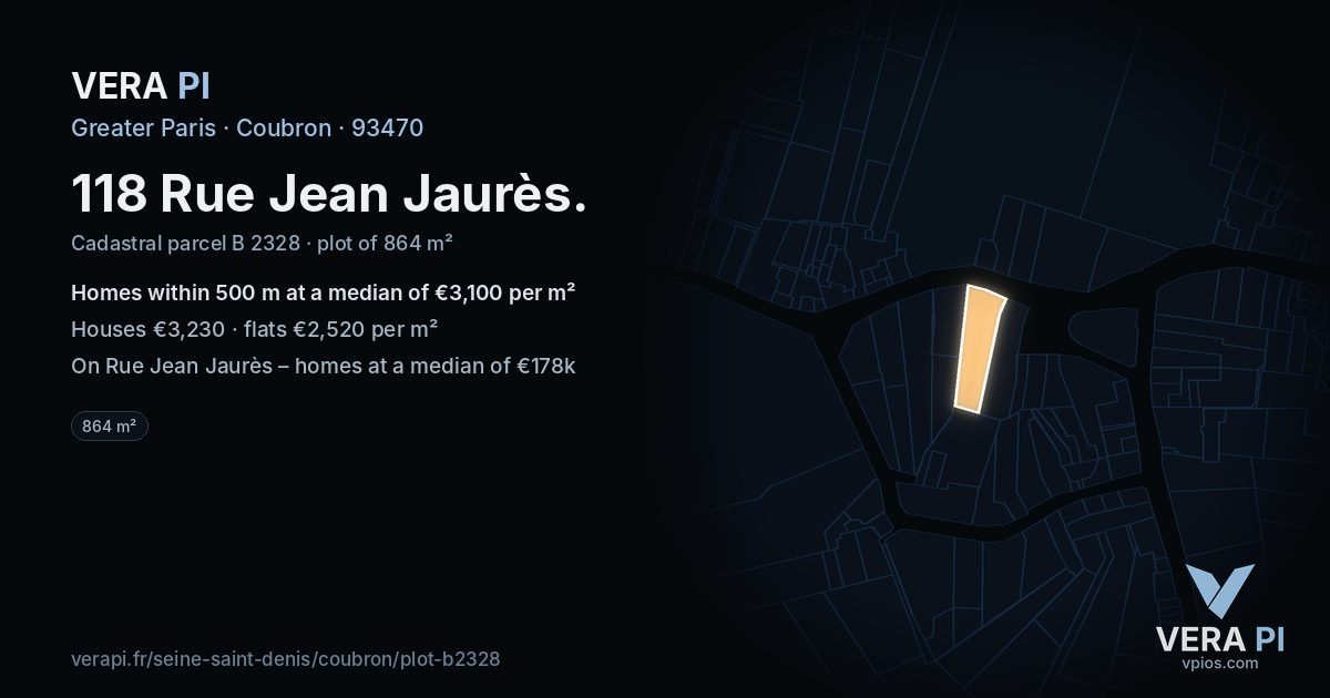 118 Rue Jean Jaurès, Coubron at night – the plot lit, the parcels around coloured by the prices near them