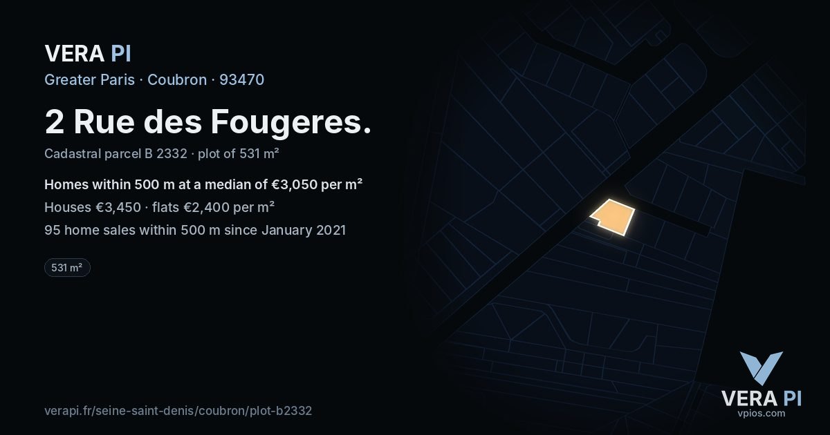2 Rue des Fougeres, Coubron at night – the plot lit, the parcels around coloured by the prices near them