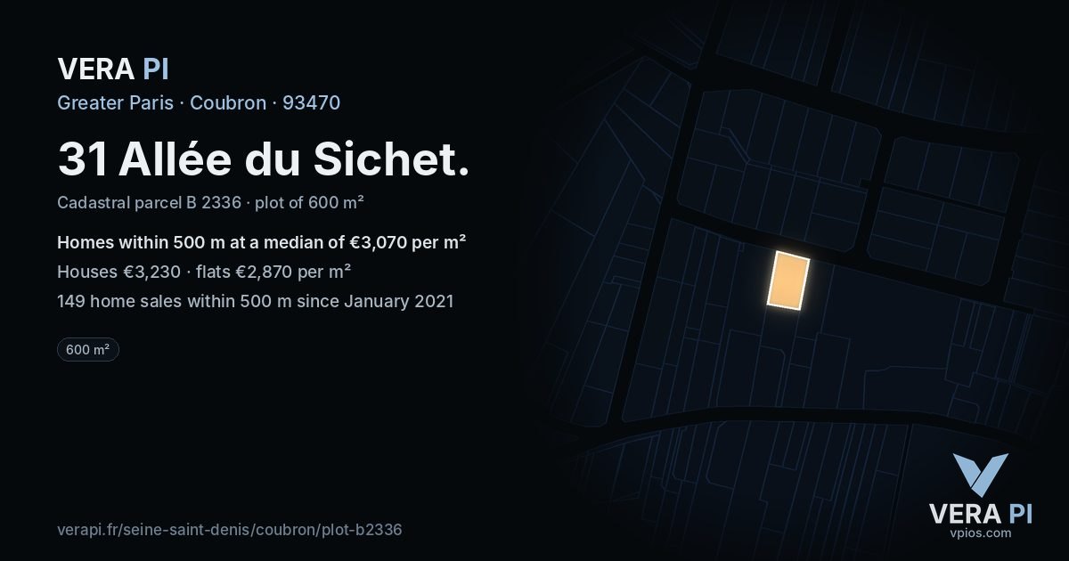 31 Allée du Sichet, Coubron at night – the plot lit, the parcels around coloured by the prices near them