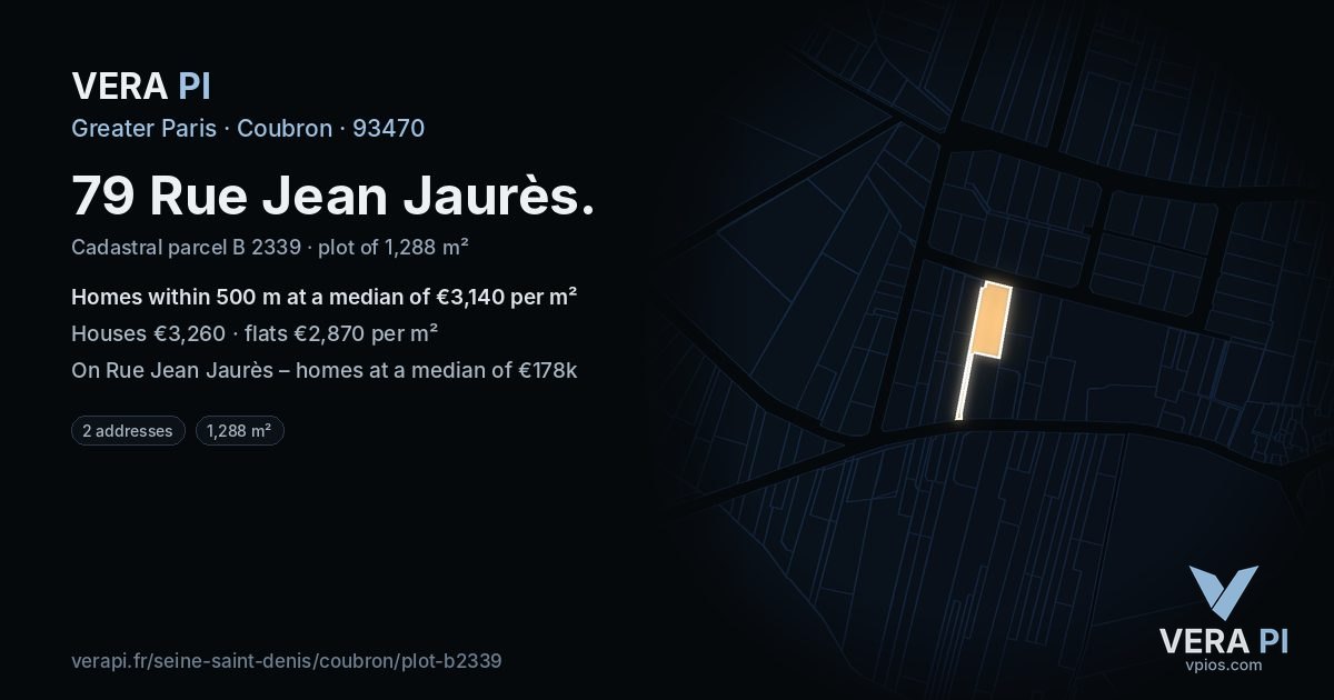 79 Rue Jean Jaurès, Coubron at night – the plot lit, the parcels around coloured by the prices near them