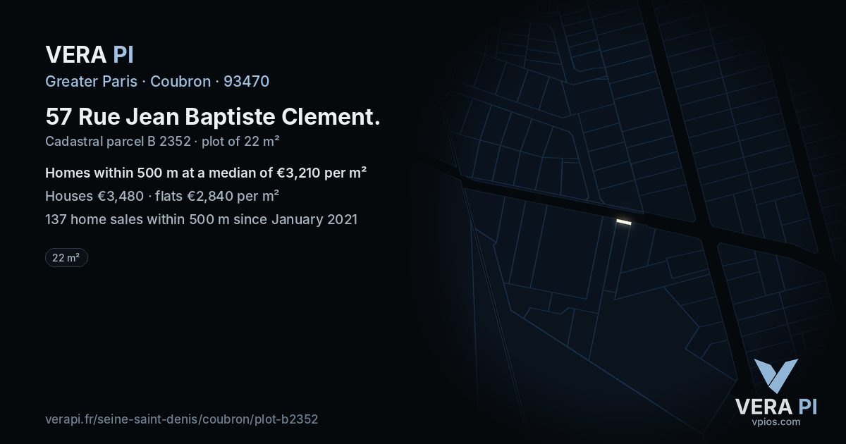 57 Rue Jean Baptiste Clement, Coubron at night – the plot lit, the parcels around coloured by the prices near them