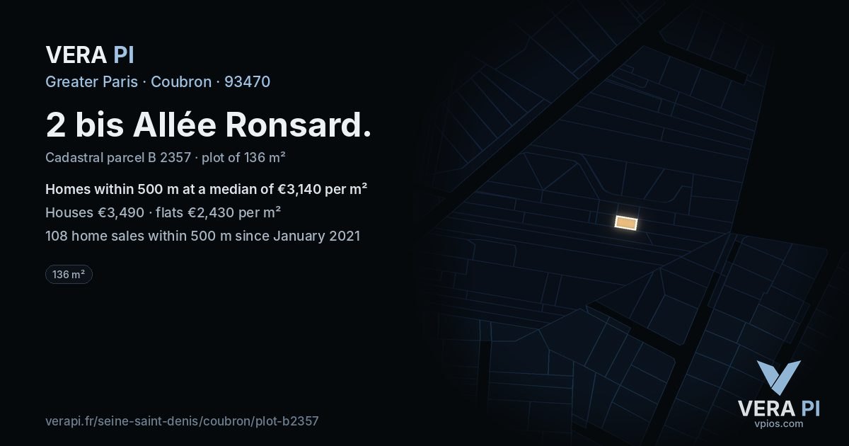2 bis Allée Ronsard, Coubron at night – the plot lit, the parcels around coloured by the prices near them