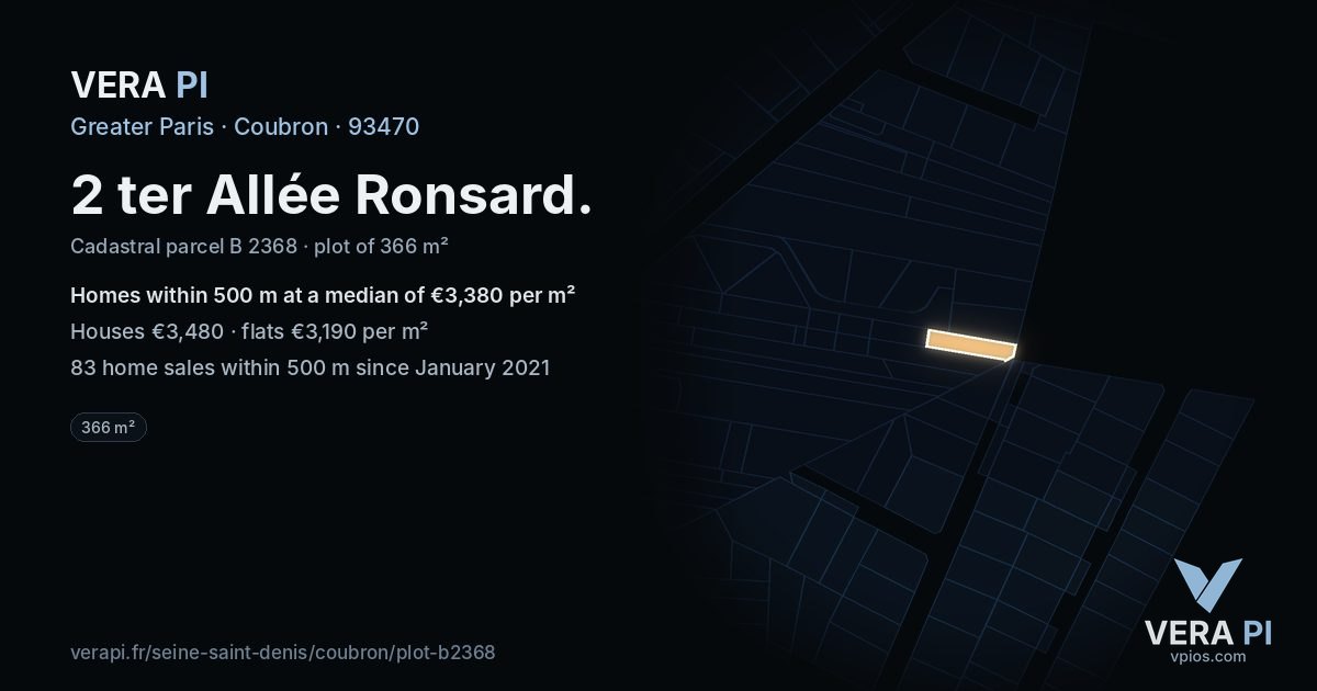 2 ter Allée Ronsard, Coubron at night – the plot lit, the parcels around coloured by the prices near them