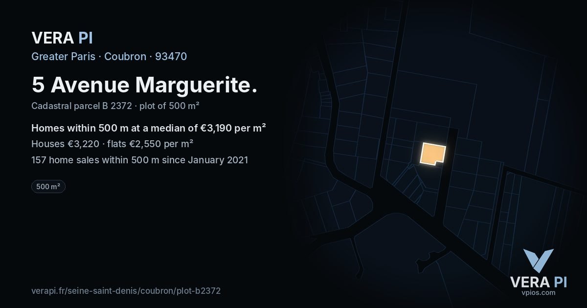 5 Avenue Marguerite, Coubron at night – the plot lit, the parcels around coloured by the prices near them