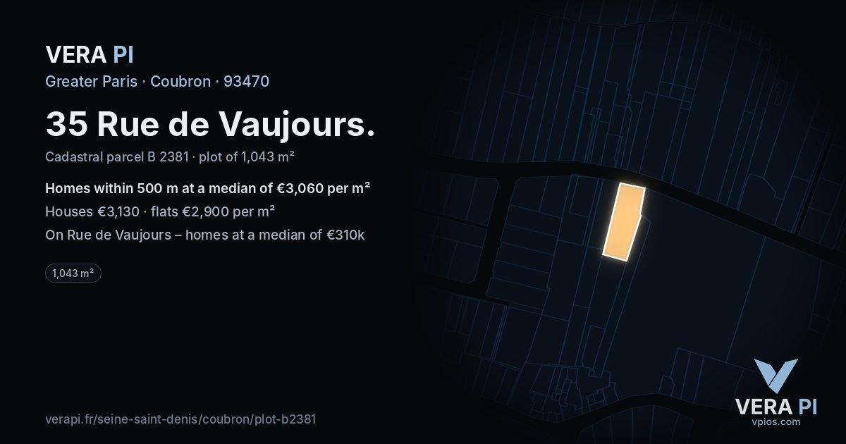 35 Rue de Vaujours, Coubron at night – the plot lit, the parcels around coloured by the prices near them