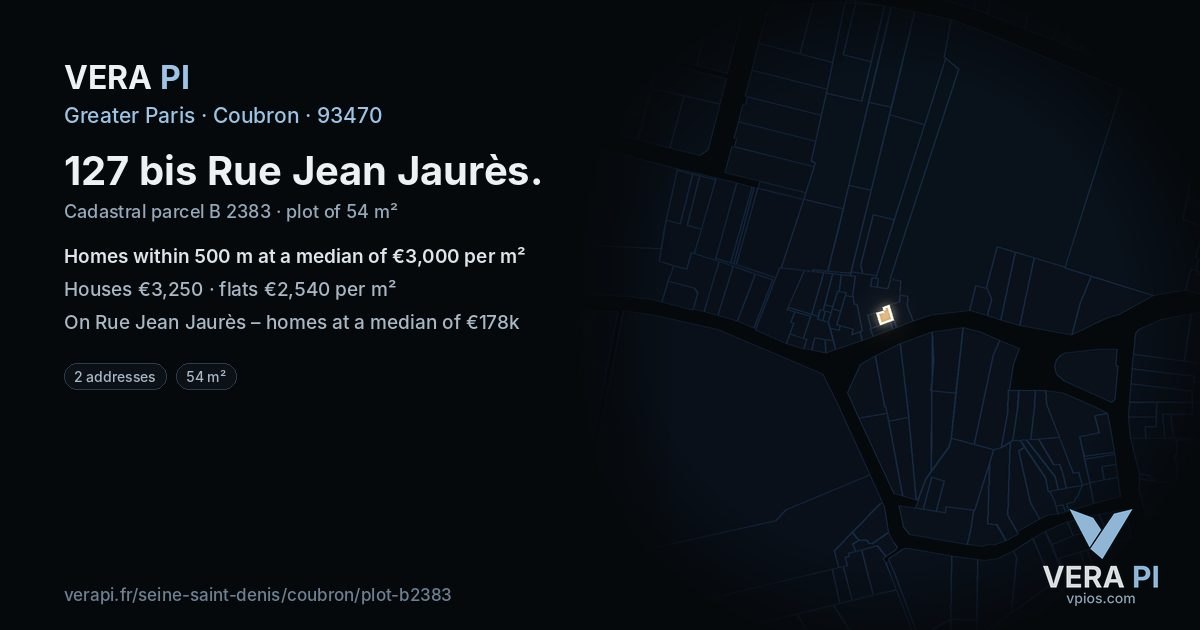 127 bis Rue Jean Jaurès, Coubron at night – the plot lit, the parcels around coloured by the prices near them