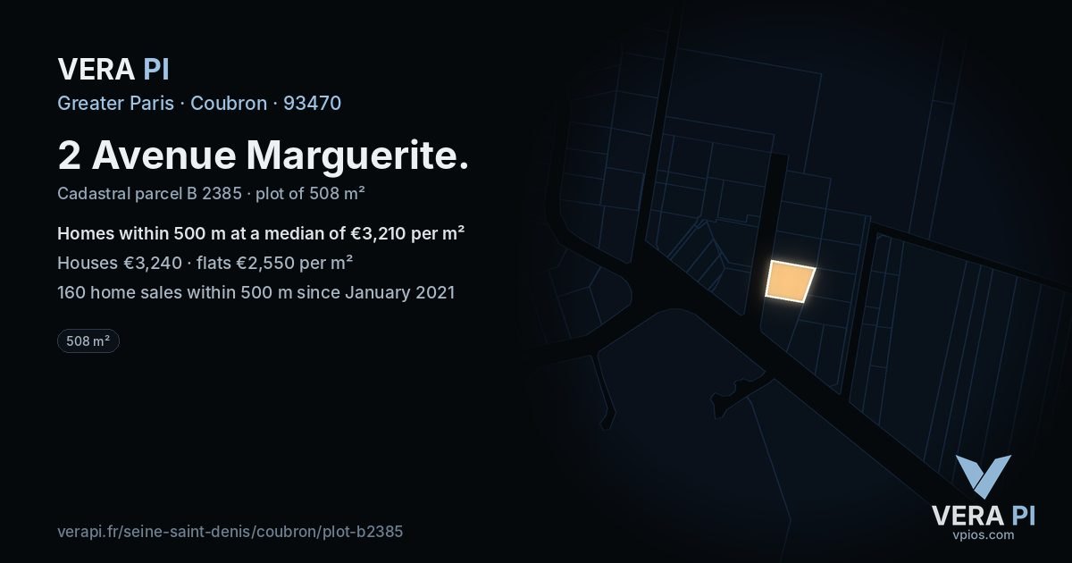 2 Avenue Marguerite, Coubron at night – the plot lit, the parcels around coloured by the prices near them