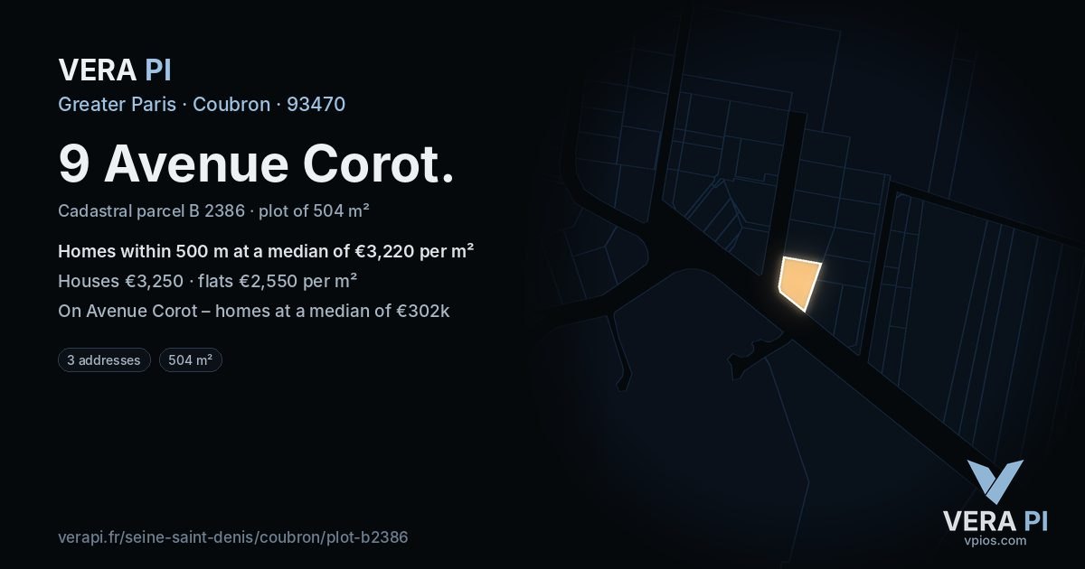 9 Avenue Corot, Coubron at night – the plot lit, the parcels around coloured by the prices near them