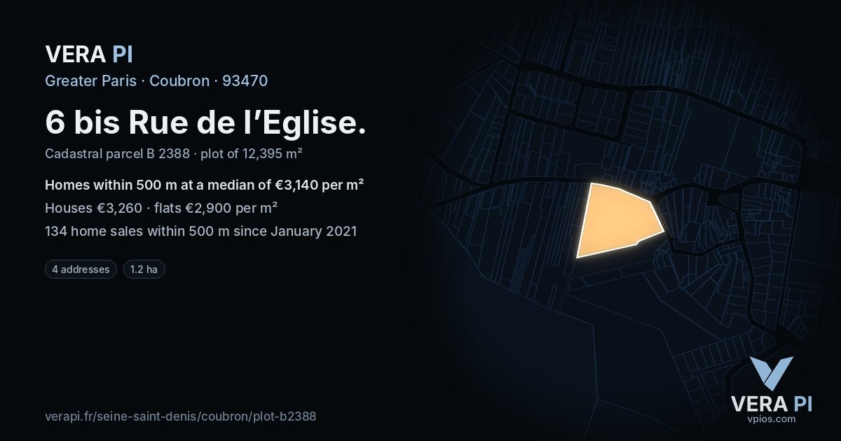 6 bis Rue de l’Eglise, Coubron at night – the plot lit, the parcels around coloured by the prices near them