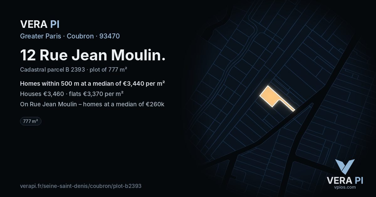 12 Rue Jean Moulin, Coubron at night – the plot lit, the parcels around coloured by the prices near them