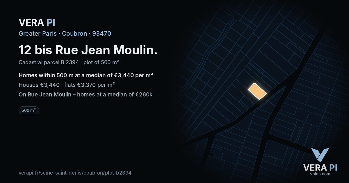 12 bis Rue Jean Moulin, Coubron at night – the plot lit, the parcels around coloured by the prices near them