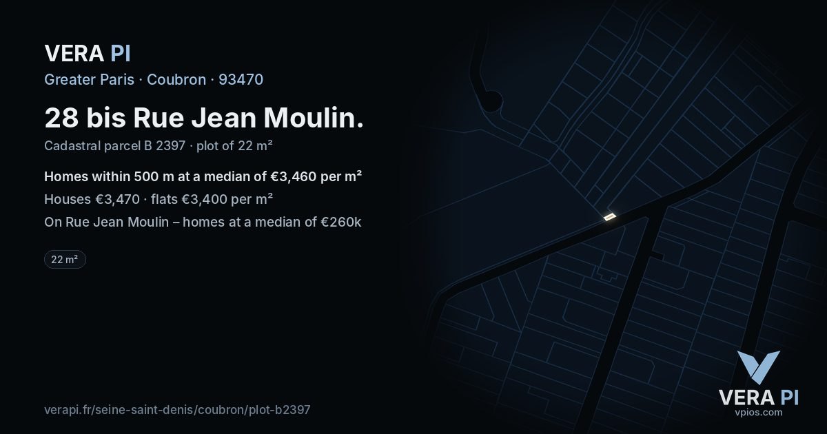 28 bis Rue Jean Moulin, Coubron at night – the plot lit, the parcels around coloured by the prices near them