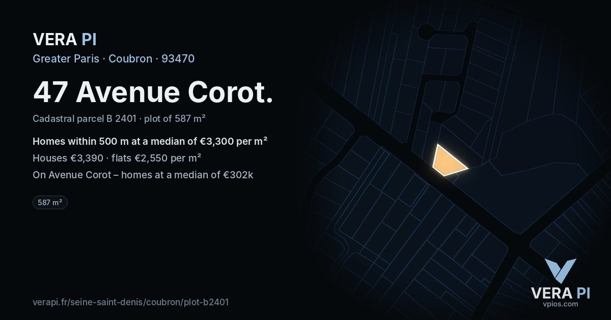 47 Avenue Corot, Coubron at night – the plot lit, the parcels around coloured by the prices near them