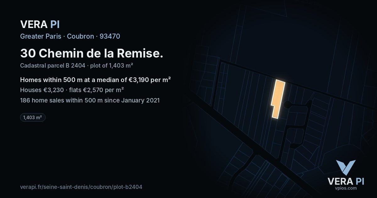 30 Chemin de la Remise, Coubron at night – the plot lit, the parcels around coloured by the prices near them