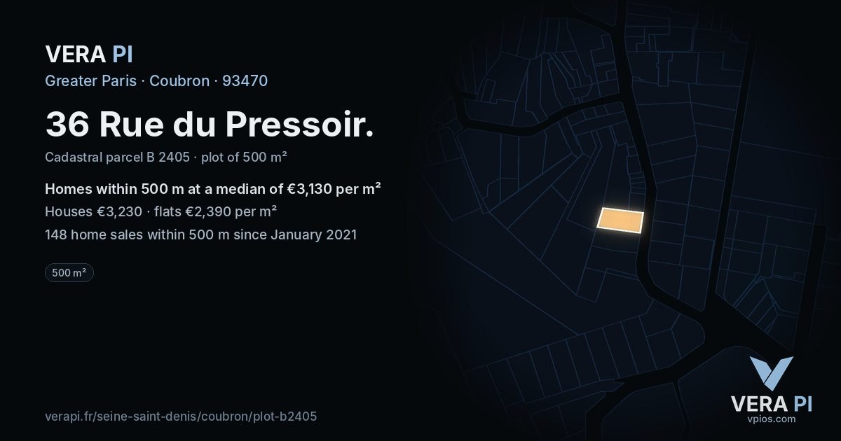 36 Rue du Pressoir, Coubron at night – the plot lit, the parcels around coloured by the prices near them