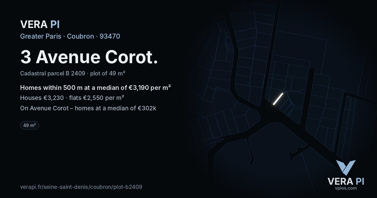 3 Avenue Corot, Coubron at night – the plot lit, the parcels around coloured by the prices near them