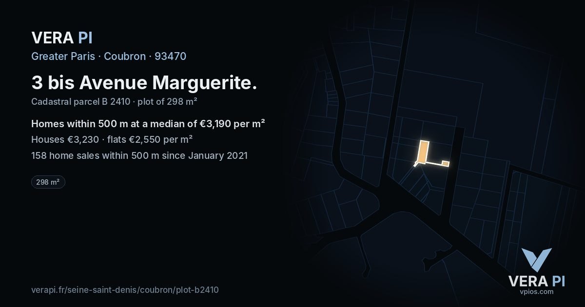 3 bis Avenue Marguerite, Coubron at night – the plot lit, the parcels around coloured by the prices near them