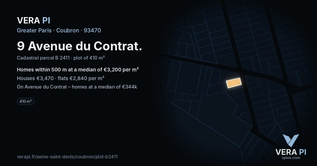 9 Avenue du Contrat, Coubron at night – the plot lit, the parcels around coloured by the prices near them