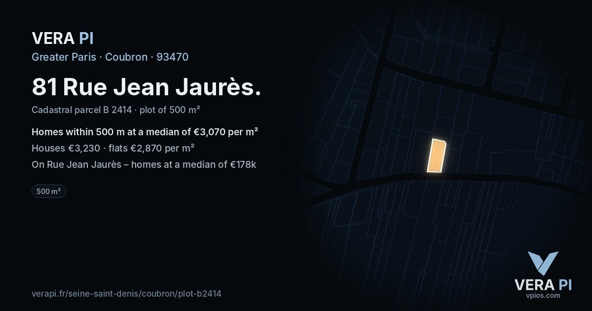 81 Rue Jean Jaurès, Coubron at night – the plot lit, the parcels around coloured by the prices near them