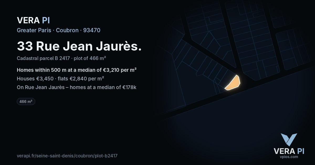 33 Rue Jean Jaurès, Coubron at night – the plot lit, the parcels around coloured by the prices near them