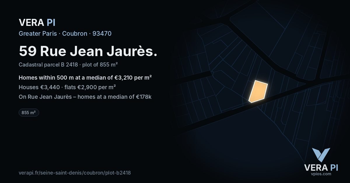 59 Rue Jean Jaurès, Coubron at night – the plot lit, the parcels around coloured by the prices near them