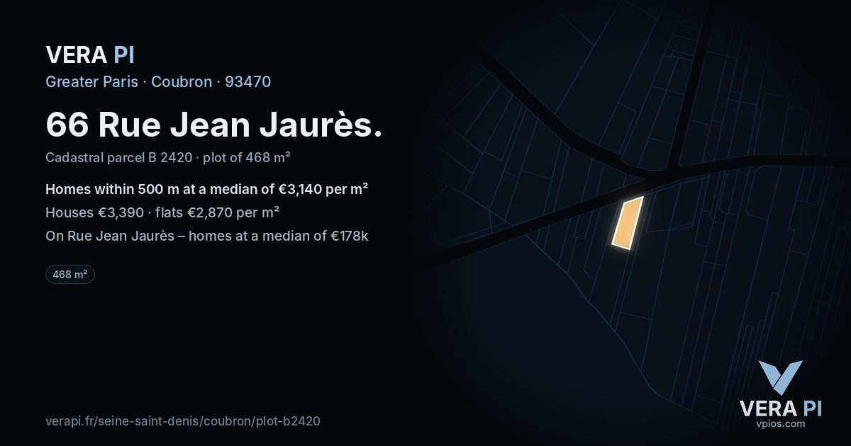 66 Rue Jean Jaurès, Coubron at night – the plot lit, the parcels around coloured by the prices near them