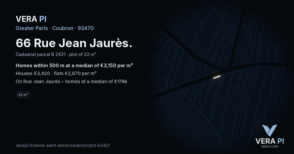 66 Rue Jean Jaurès, Coubron at night – the plot lit, the parcels around coloured by the prices near them