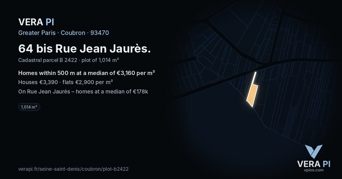 64 bis Rue Jean Jaurès, Coubron at night – the plot lit, the parcels around coloured by the prices near them