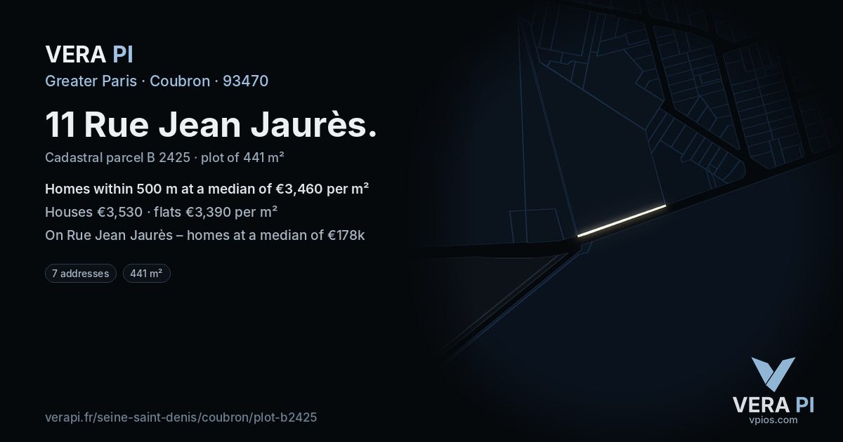 11 Rue Jean Jaurès, Coubron at night – the plot lit, the parcels around coloured by the prices near them