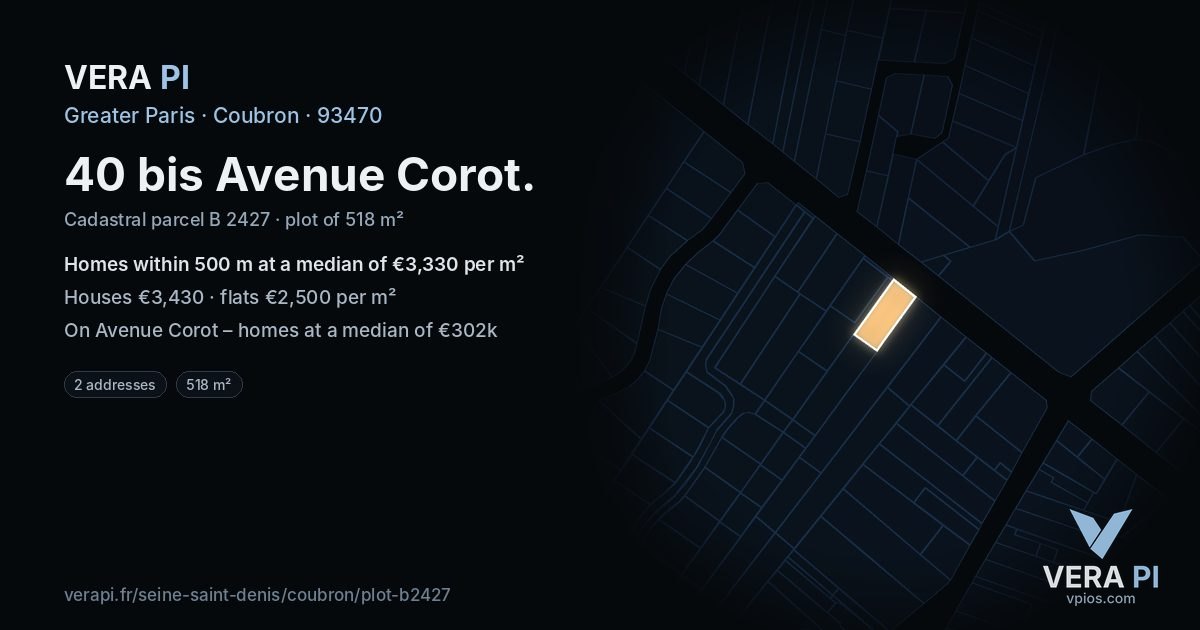 40 bis Avenue Corot, Coubron at night – the plot lit, the parcels around coloured by the prices near them