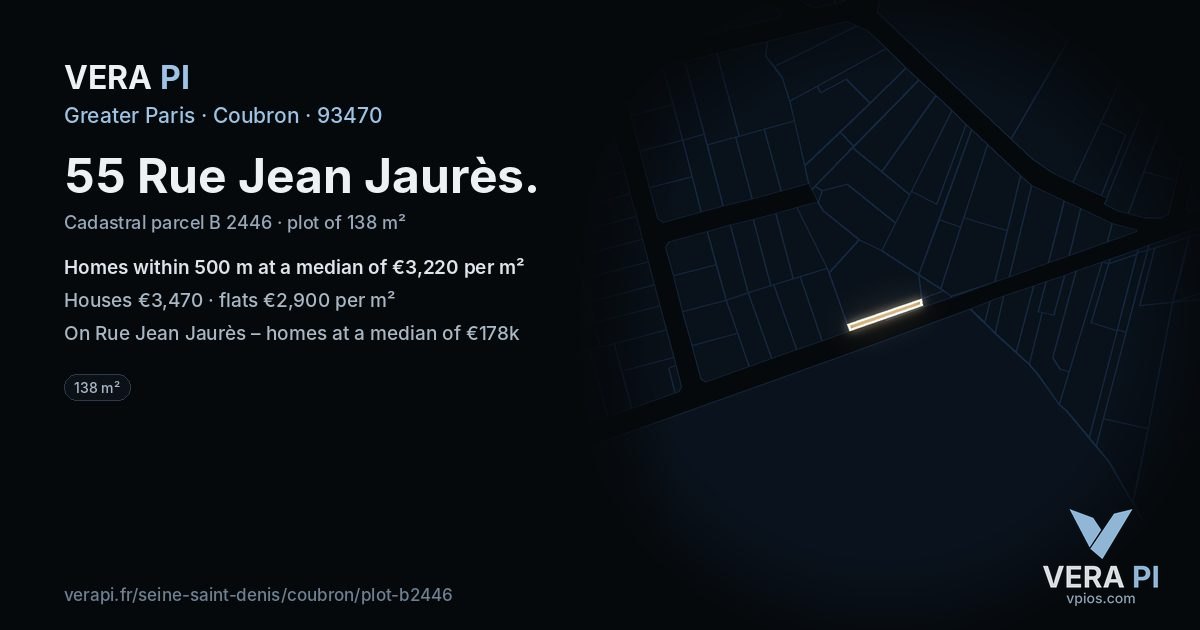 55 Rue Jean Jaurès, Coubron at night – the plot lit, the parcels around coloured by the prices near them