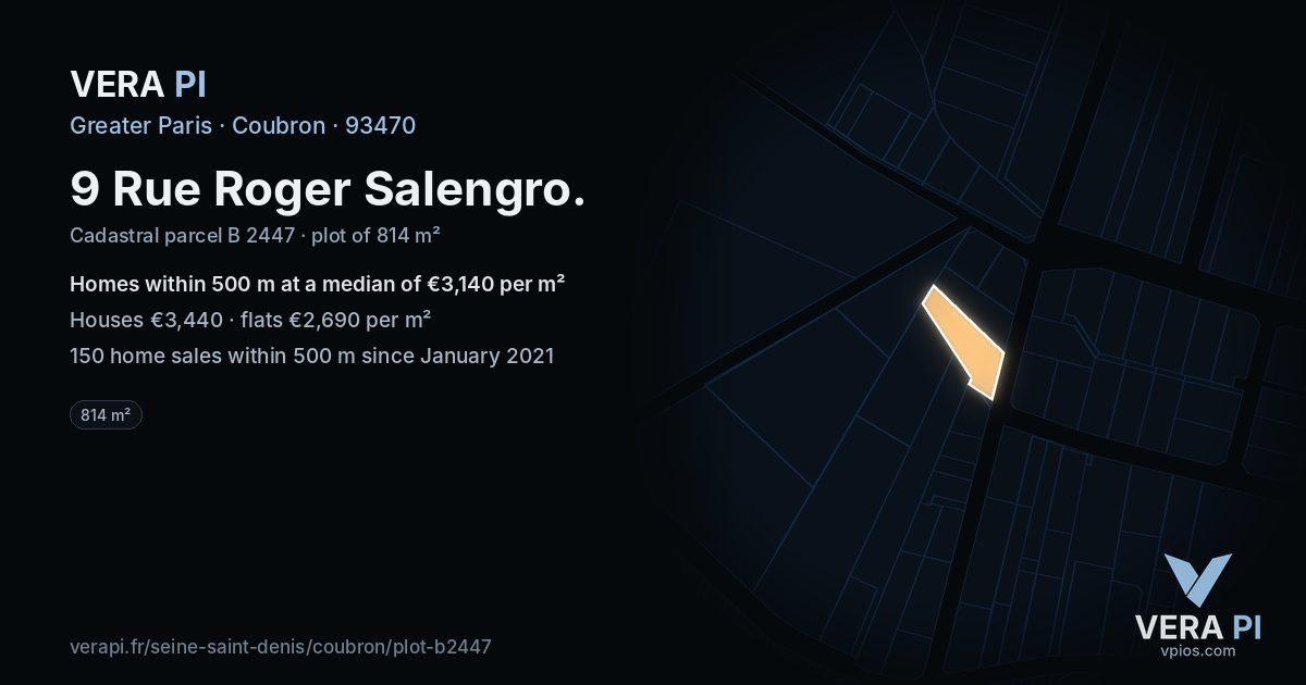 9 Rue Roger Salengro, Coubron at night – the plot lit, the parcels around coloured by the prices near them