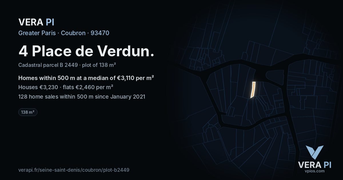 4 Place de Verdun, Coubron at night – the plot lit, the parcels around coloured by the prices near them
