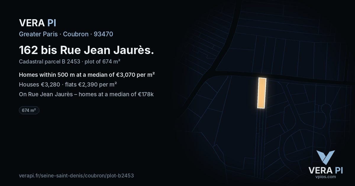 162 bis Rue Jean Jaurès, Coubron at night – the plot lit, the parcels around coloured by the prices near them